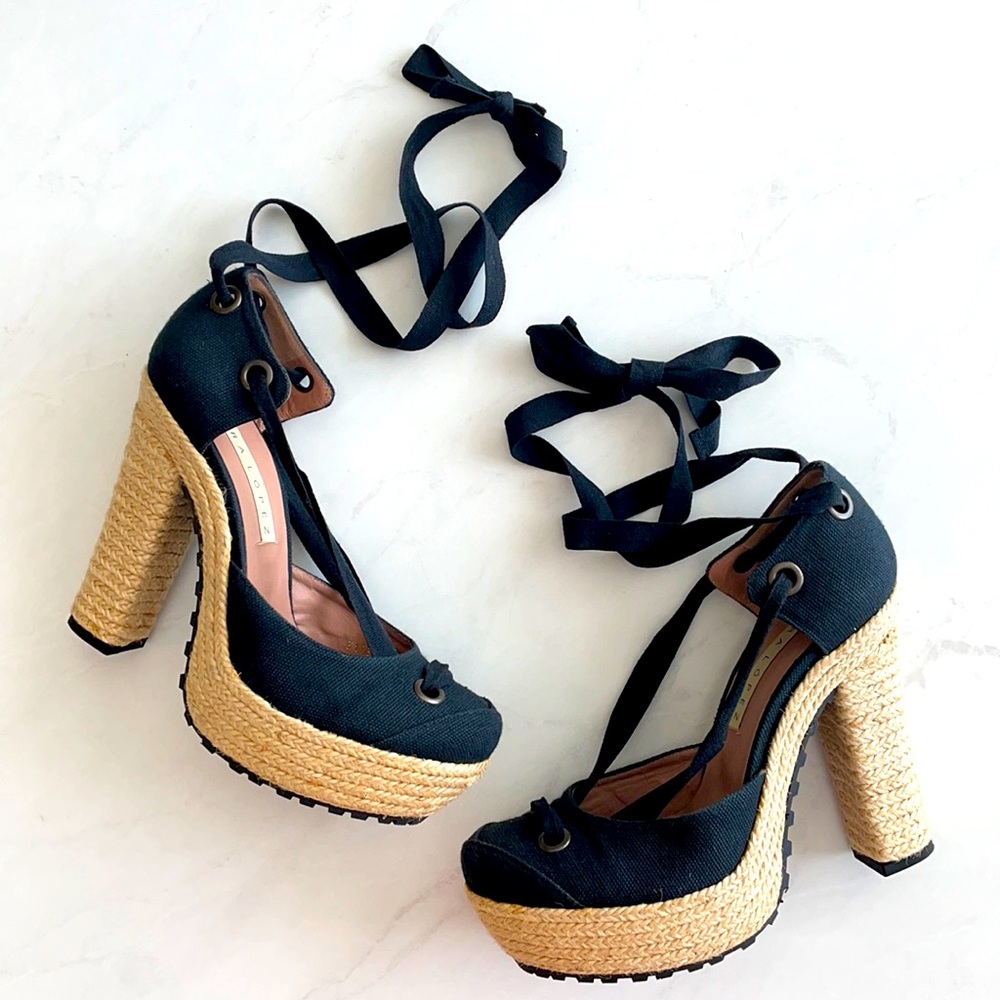 Pura Lopez black linen platform espadrille heels